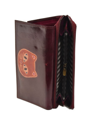 Peněženka zapínaná na zip, fialová s kočkou, malovaná kůže, 17x11cm