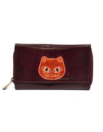 Peněženka zapínaná na zip, fialová s kočkou, malovaná kůže, 17x11cm