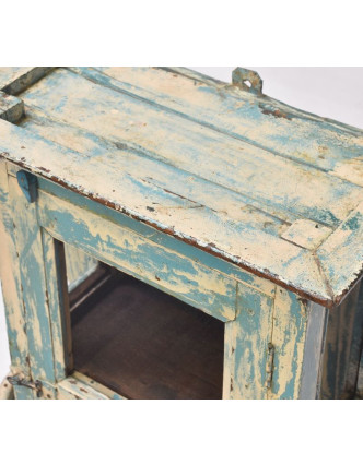 Prosklená skříňka z teakového dřeva, tyrkysovo-krémová patina, 62x21x73cm