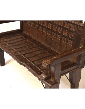 Masivní lavice z antik teakového dřeva s mosazným kováním, 134x56x108cm