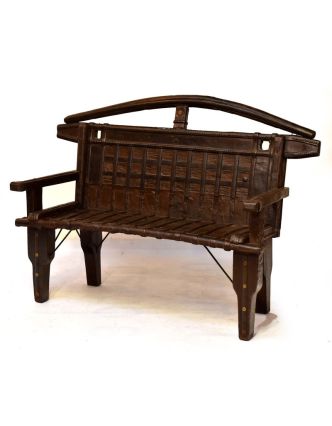 Masivní lavice z antik teakového dřeva s mosazným kováním, 134x56x108cm
