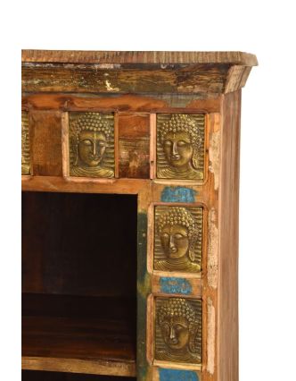Knihovna z teakového dřeva zdobená reliéfy Buddhů, 90x40x151cm