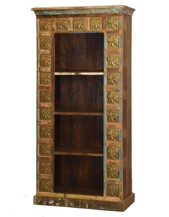 Knihovna z teakového dřeva zdobená reliéfy Buddhů, 88x40x180cm