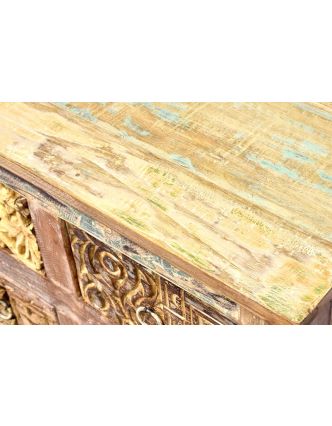 Šuplíková komoda z antik teakového dřeva, ruční řezby na šuplíkách, 124x35x88cm
