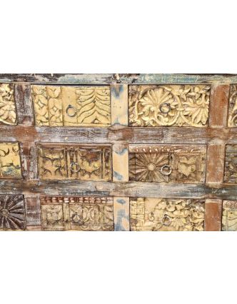 Šuplíková komoda z antik teakového dřeva, ruční řezby na šuplíkách, 124x35x88cm