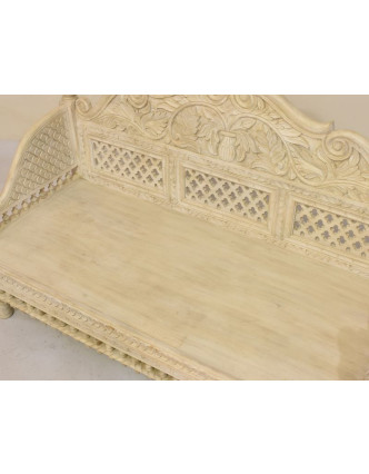 Masivní lavice z mangového dřeva, bílá patina, ručně vyřezávaná, 147x62x91cm