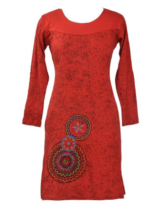 Krátké šaty s dlouhým rukávem, červené, potisk mandal