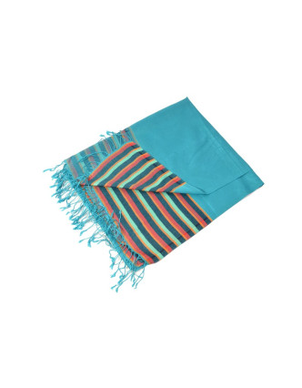Luxusní hedvábný šál, tyrkysový, barevné konce, květovaný vzor, třásně, 186x73c