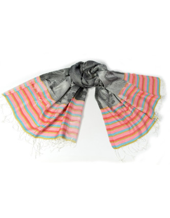 Luxusní hedvábný šál, šedý, barevné konce, květovaný vzor, třásně, 186x73cm