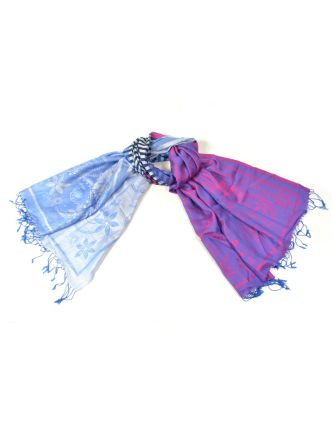 Luxusní hedvábný šál, modro-fialová, barevné konce, květ.vzor, třásně, 188x75cm