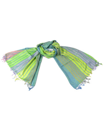 Luxusní hedvábný šál, metalické odstíny zelené, pruhovaný vzor, třásně, 196x70cm