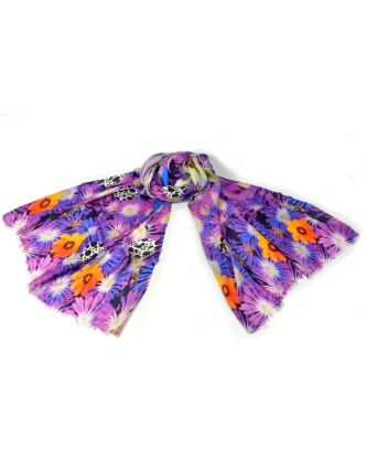 Luxusní vlněný šál, fialové květiny, cca 190x68cm