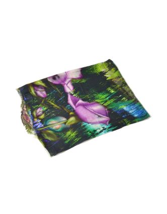 Luxusní vlněný šál, odstíny zelené, fialové květiny ,cca  190x68cm