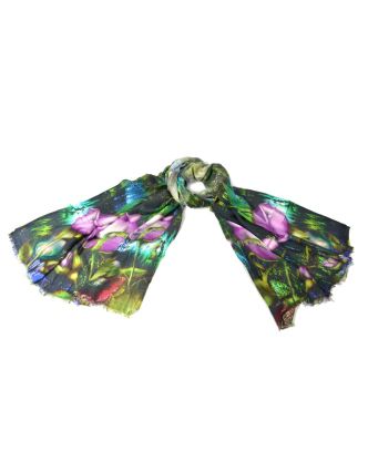 Luxusní vlněný šál, odstíny zelené, fialové květiny ,cca  190x68cm