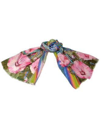 Luxusní vlněný šál, multibarevný, růžové květiny ,cca  190x68cm