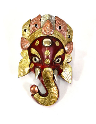 Dřevěná maska, Ganesh, červený zdobený mosazí a mědí 14x25cm