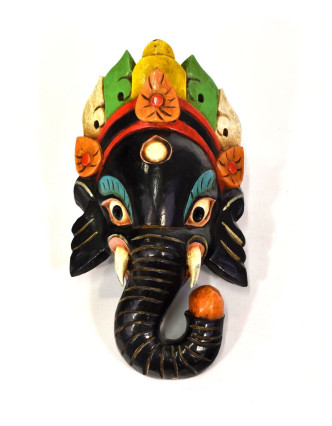 Ganeš, dřevěná maska, ručně malovaná, tmavá, 17x31cm