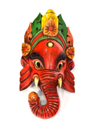 Ganeš, dřevěná maska, ručně malovaná, červená, 16x31cm