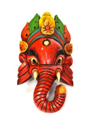 Ganeš, dřevěná maska, ručně malovaná, červená, 18x32cm