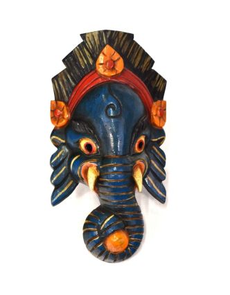 Ganeš, dřevěná maska, ručně malovaná, modrá, 13x24cm