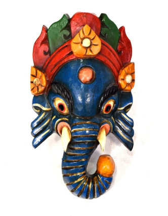 Ganeš, dřevěná maska, ručně malovaná, modrá, 13x23cm