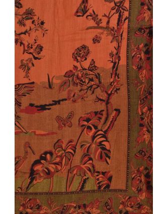 Přehoz na postel, s motivem stromu, ptáky a motýli, třásně, černo-vínový, 210x26