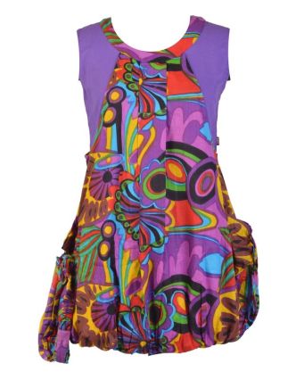Šaty, krátké, balonové, "Flower design", fialové, kapsy + bandana