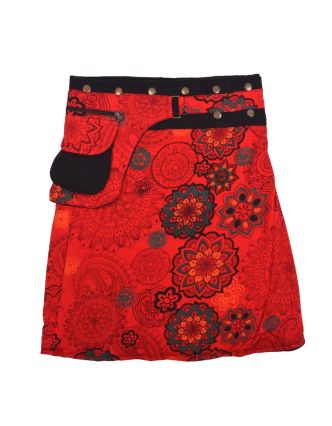 Polodouhá červená sukně zapínaná na patentky, kapsa, mandala print