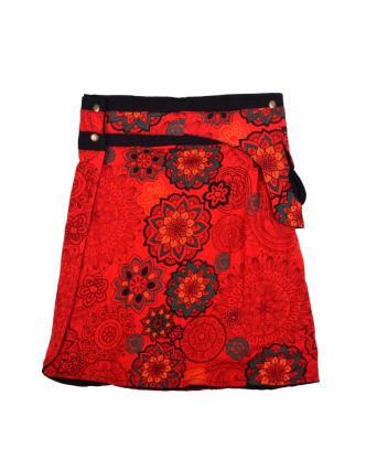 Polodouhá červená sukně zapínaná na patentky, kapsa, mandala print