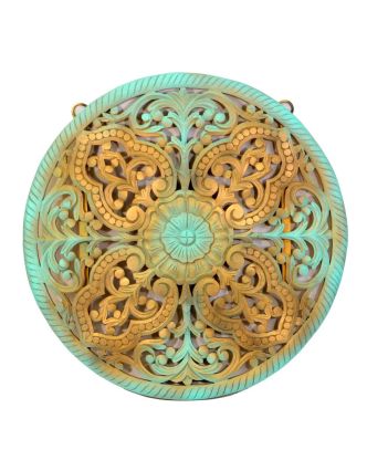 Mandala ručně vyřezávaná z mangového dřeva, tyrkysovo-zlatá patina, 107x7x107cm