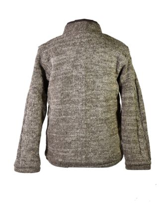 Pánský vlněný svetr, přírodní hnědá, fleecová podšívka, zapínání na zip, kapsy