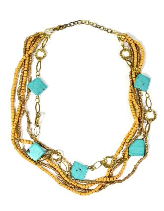 Korálkový náhrdelník s dřevěnými a tyrkysovými korálky