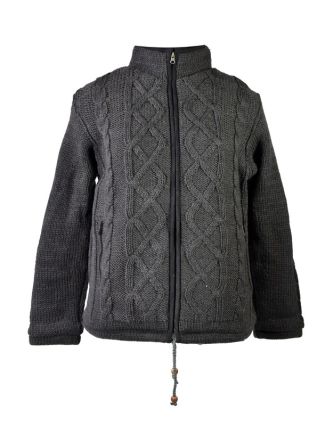 Pánský vlněný svetr, přírodní černá, fleecová podšívka, zapínání na zip, kapsy