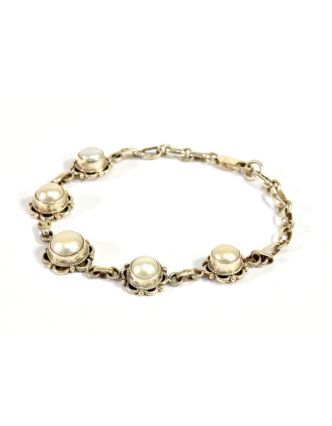 Stříbrný náramek vykládaný perlami, karabinka, délka cca 20,5cm, AG 925/1000