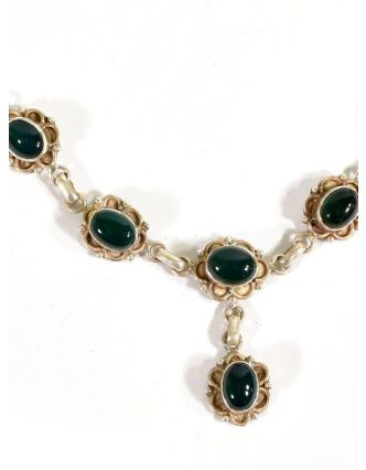 Stříbrný náhrdelník vykládaný zeleným onyxem, karabinka, délka cca 46cm, AG 925/