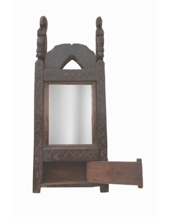 Antik skříňka se zrcadlem, ručně vyžezávané ornamenty, 20x51x6,5cm