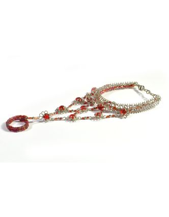 Pundža, náramek s prstenem z bílého kovu a jemných skleněných korálků, červený