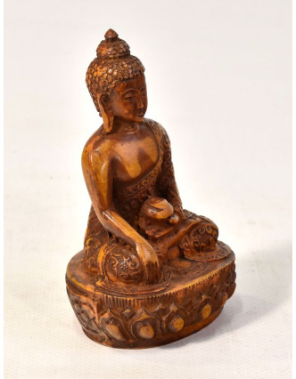 Buddha, sedící na podstavci, antik úprava, pryskyřice, 11cm