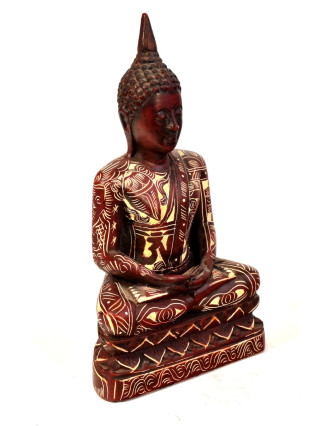 Buddha,sedící, podstavec, ručně vyřezávaný, pryskařice, 17cm
