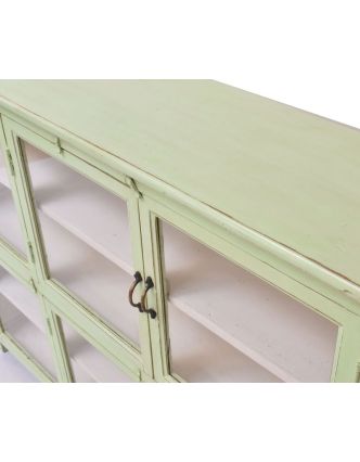 Prosklená stará skříň se vyrobená z mangového dřeva, zelená patina, 141x33x116cm