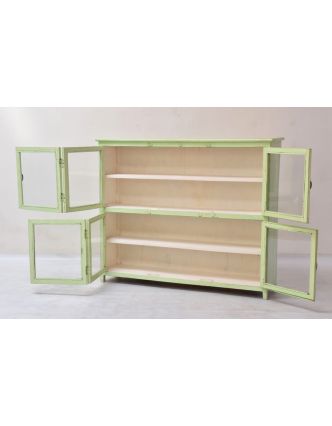 Prosklená stará skříň se vyrobená z mangového dřeva, zelená patina, 141x33x116cm