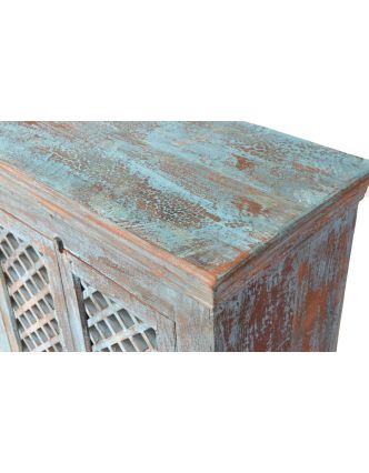 Stará komoda z mangového dřeva, dřevěná mříž, tyrkysová patina, 167x43x111cm