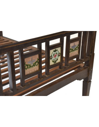 Stará postel z teakového dřeva, zdobená zrcátky, 194x121x110cm