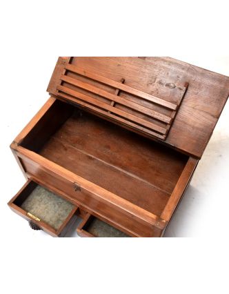 Starý kupecký stolek z teakového dřeva, šuplíky, 68x44x47cm