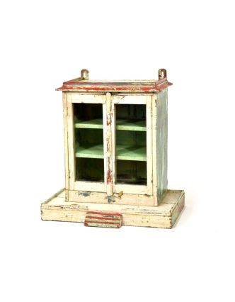 Prosklená skříňka z teakového dřeva, bílo zelená patina, 53x35x54cm