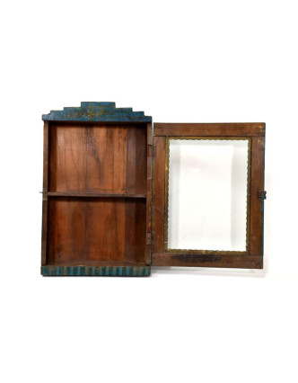 Prosklená skříňka z teakového dřeva, tyrkysová patina, 34x11x53cm