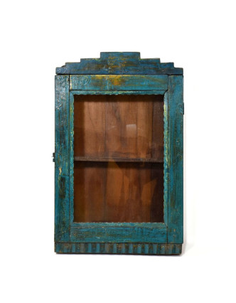 Prosklená skříňka z teakového dřeva, tyrkysová patina, 34x11x53cm