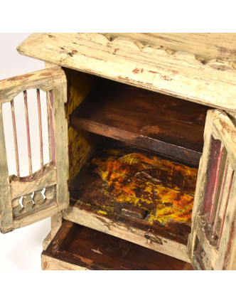 Skříňka z teakového dřeva s mříží, krémová patina, 35x24x49cm