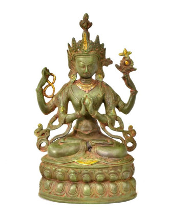 Avalokitešvara, kovová soška, zelená patina, 36cm