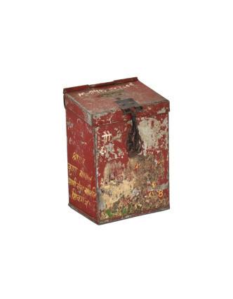 Antik plechová kasička, ručně malovaná, 11x8x16cm